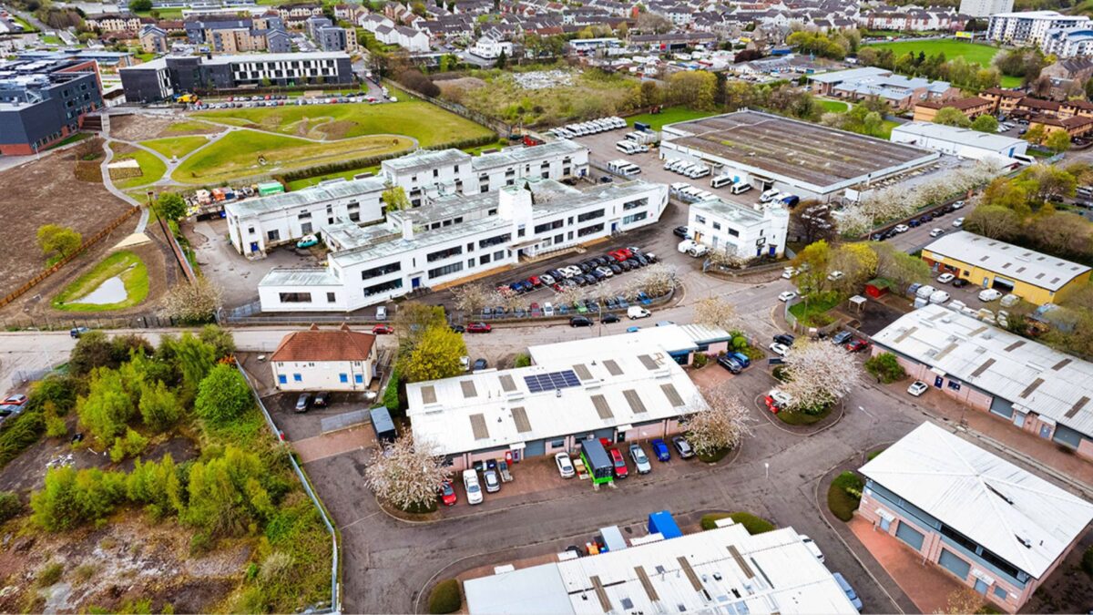 Aerial shot of Castlebrae Business Centre and Peffer Place Industrial Estate, Edinburgh, Scotland available for electric vehicle charging infrastructure.